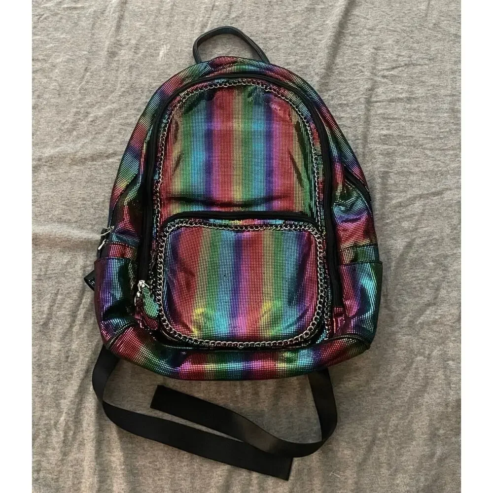 Bari Lynn Black Metallic Rainbow Chain Backpack